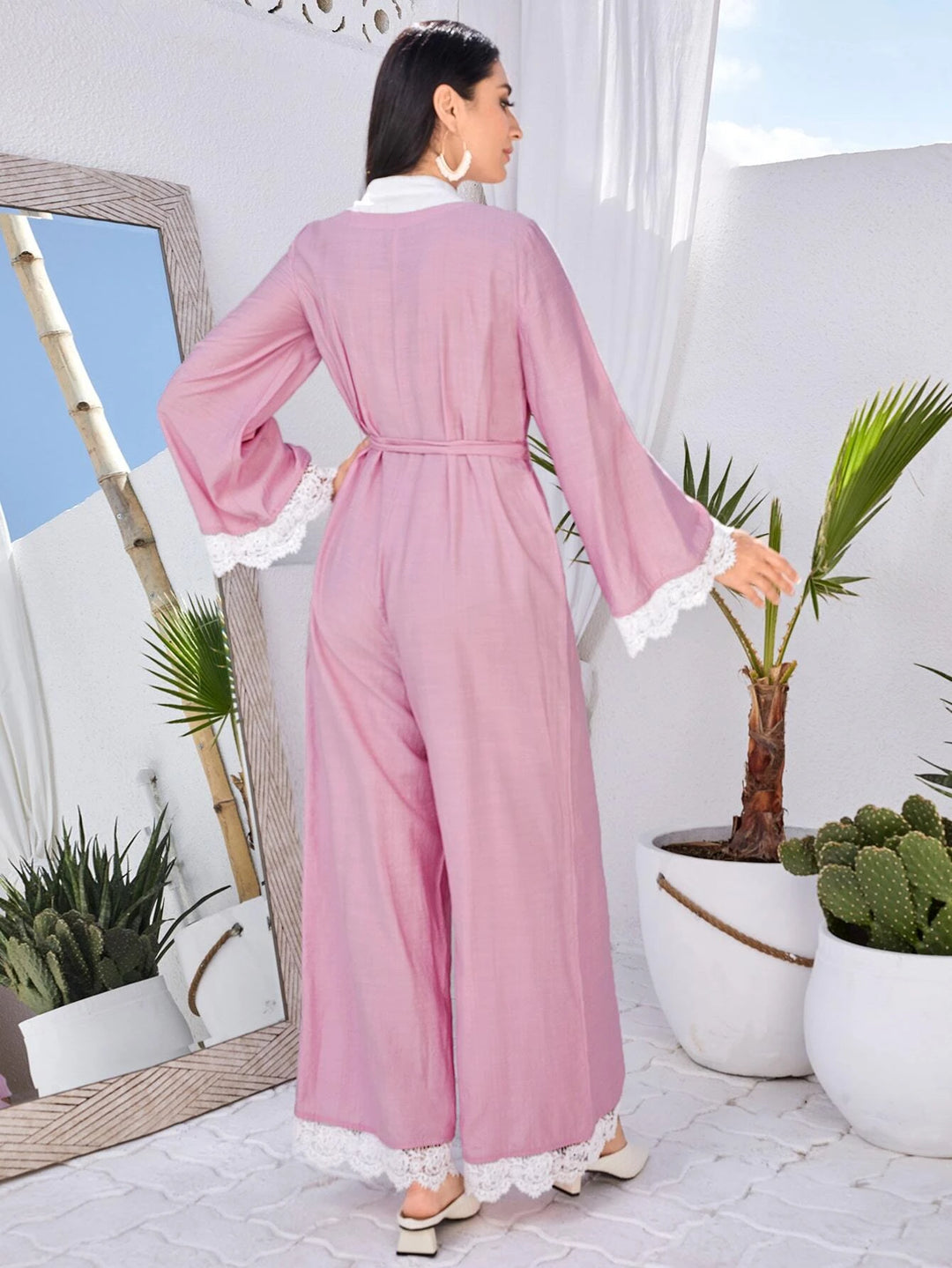 Contrast Lace Belted Wide Leg Jumpsuit