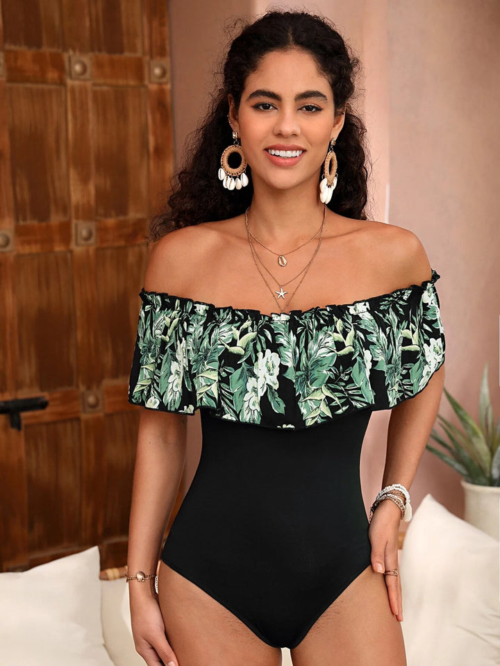 Off Shoulder Ruffle Trim Bodysuit