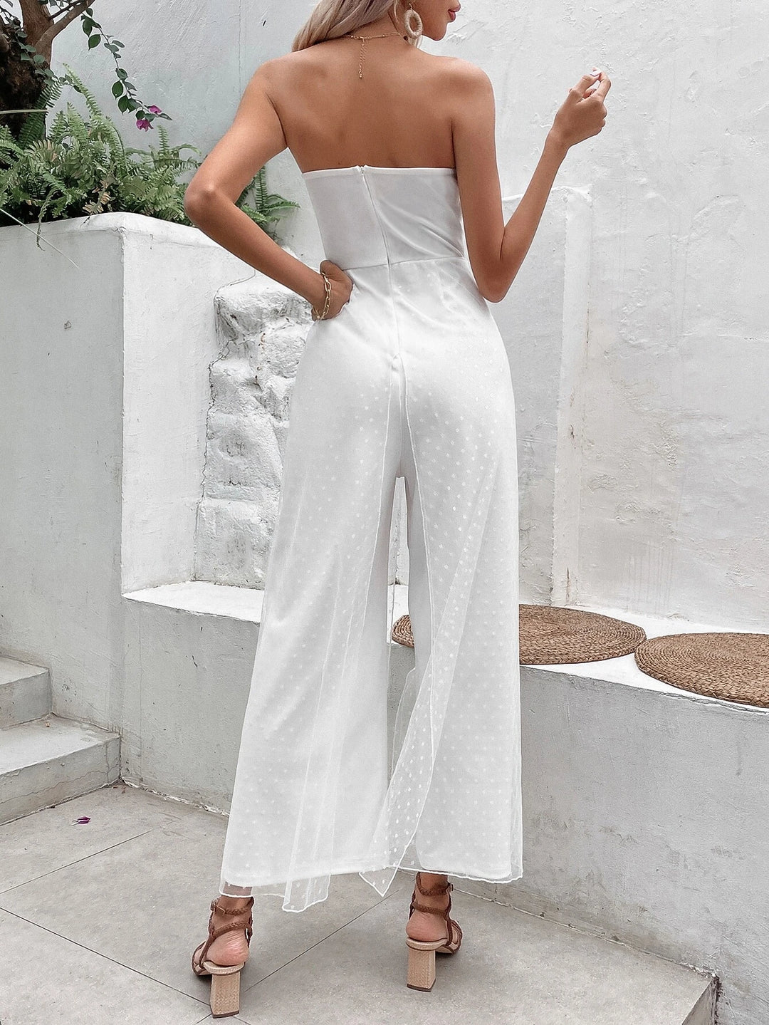 Solid Colored Contrast Mesh Jumpsuit Without Belt
