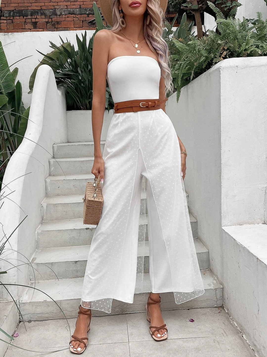 Solid Colored Contrast Mesh Jumpsuit Without Belt