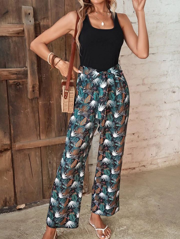 Wide Square Tropical Print Belted Jumpsuit