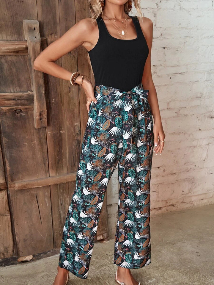 Wide Square Tropical Print Belted Jumpsuit