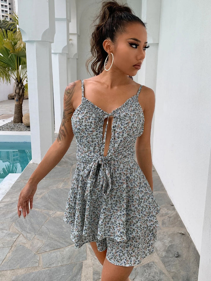 Floral Tie Front Romper Jumpsuit