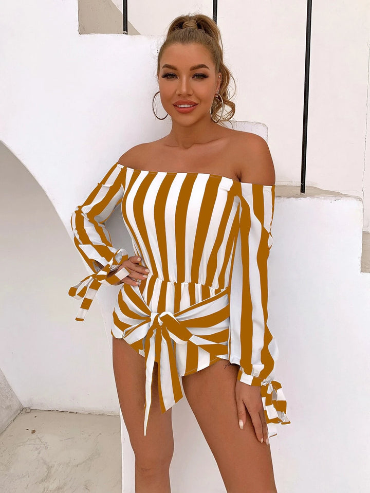 Striped Off Shoulder Cuff Tie Front Romper