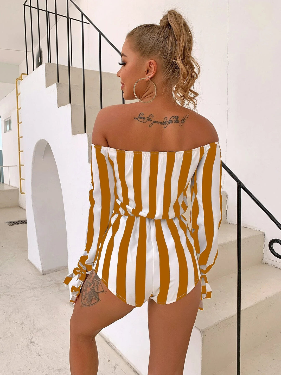 Off Shoulder Knot Cuff Striped Romper