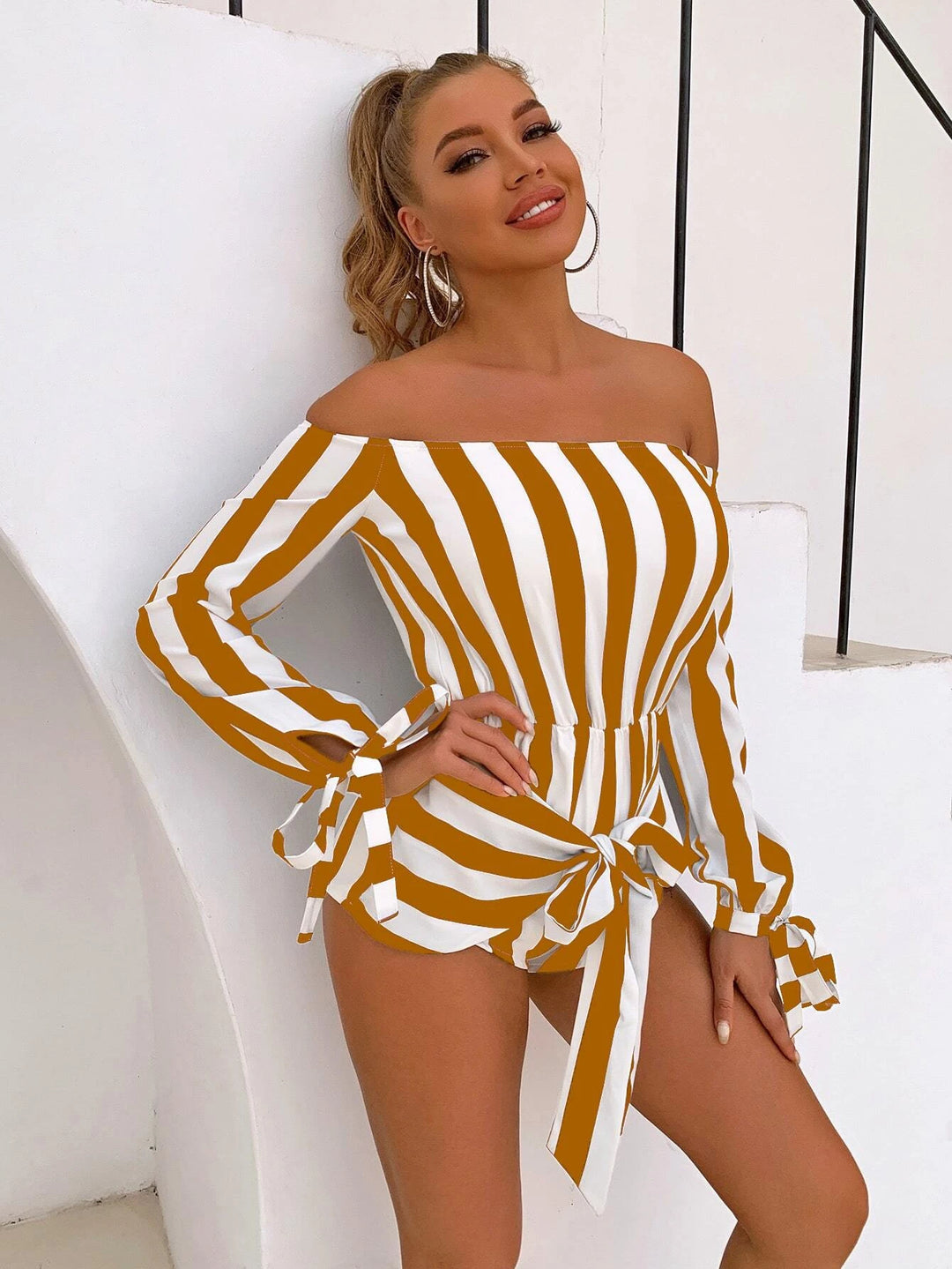 Striped Off Shoulder Cuff Tie Front Romper