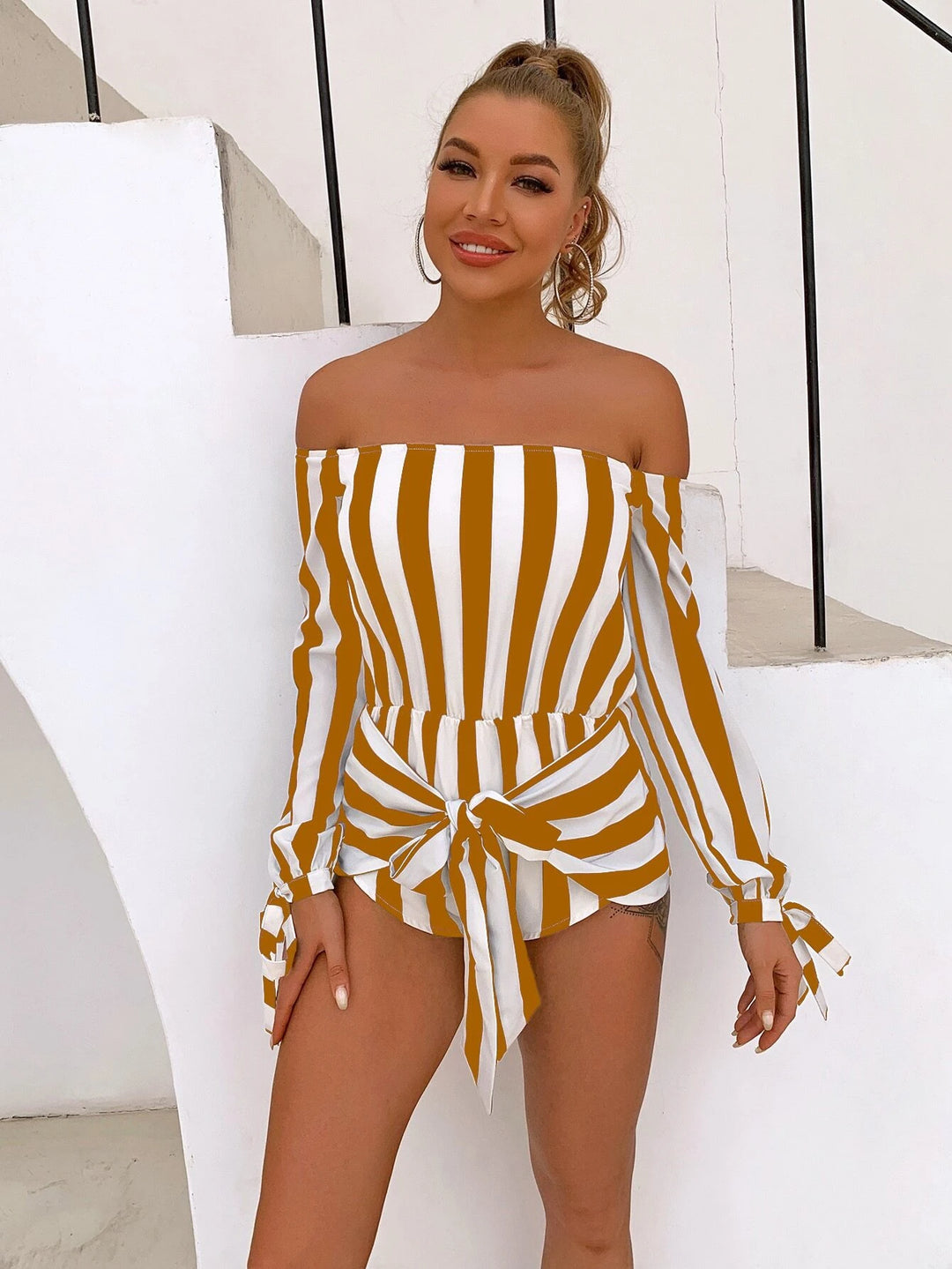 Striped Off Shoulder Cuff Tie Front Romper