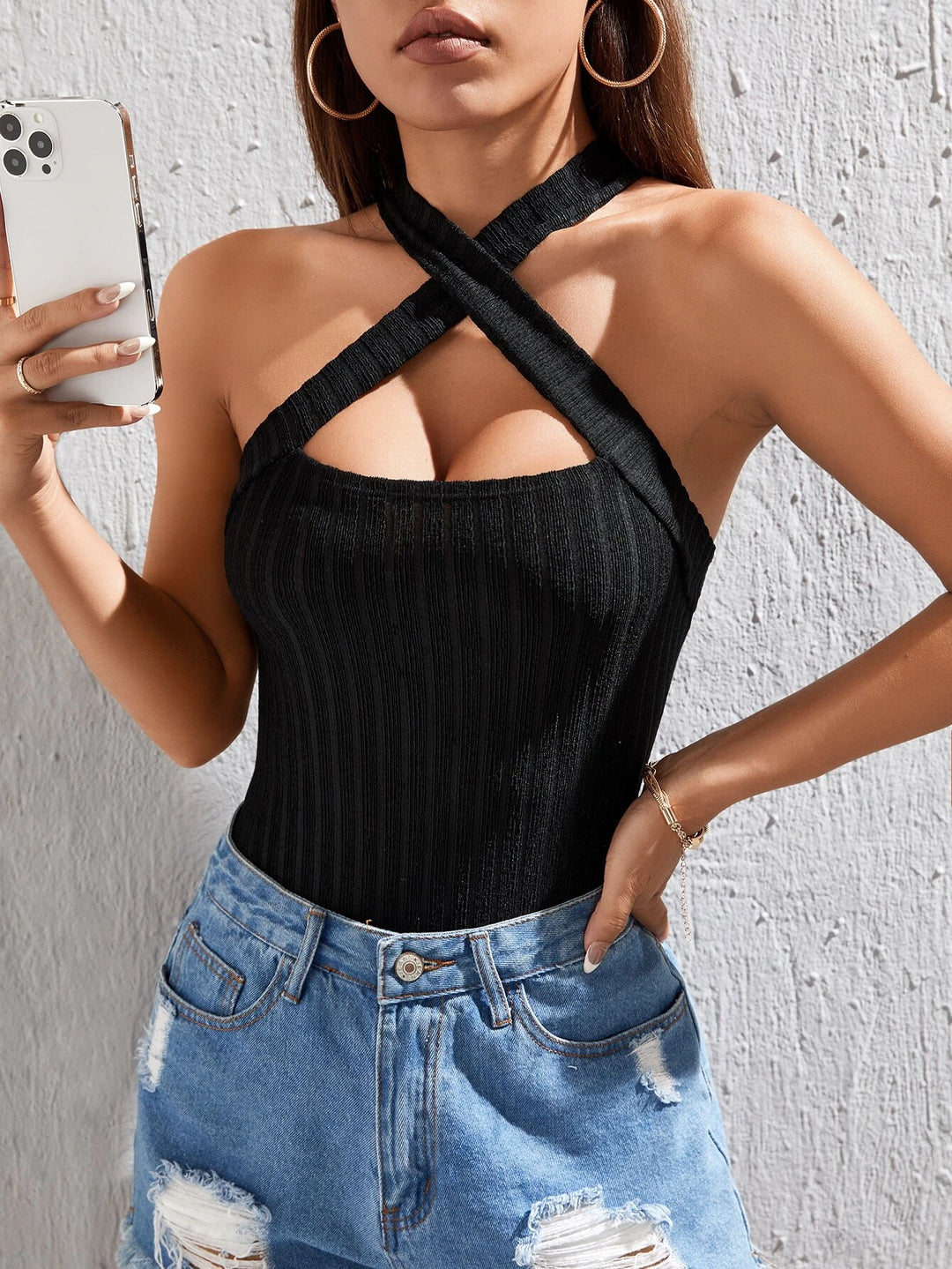 Halter Neck Sleeveless Rib Knitted Bodysuit