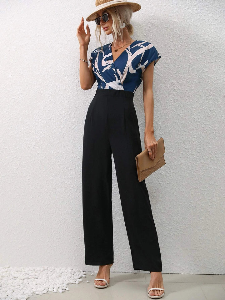 Graphic Print Overlap Collar Jumpsuit