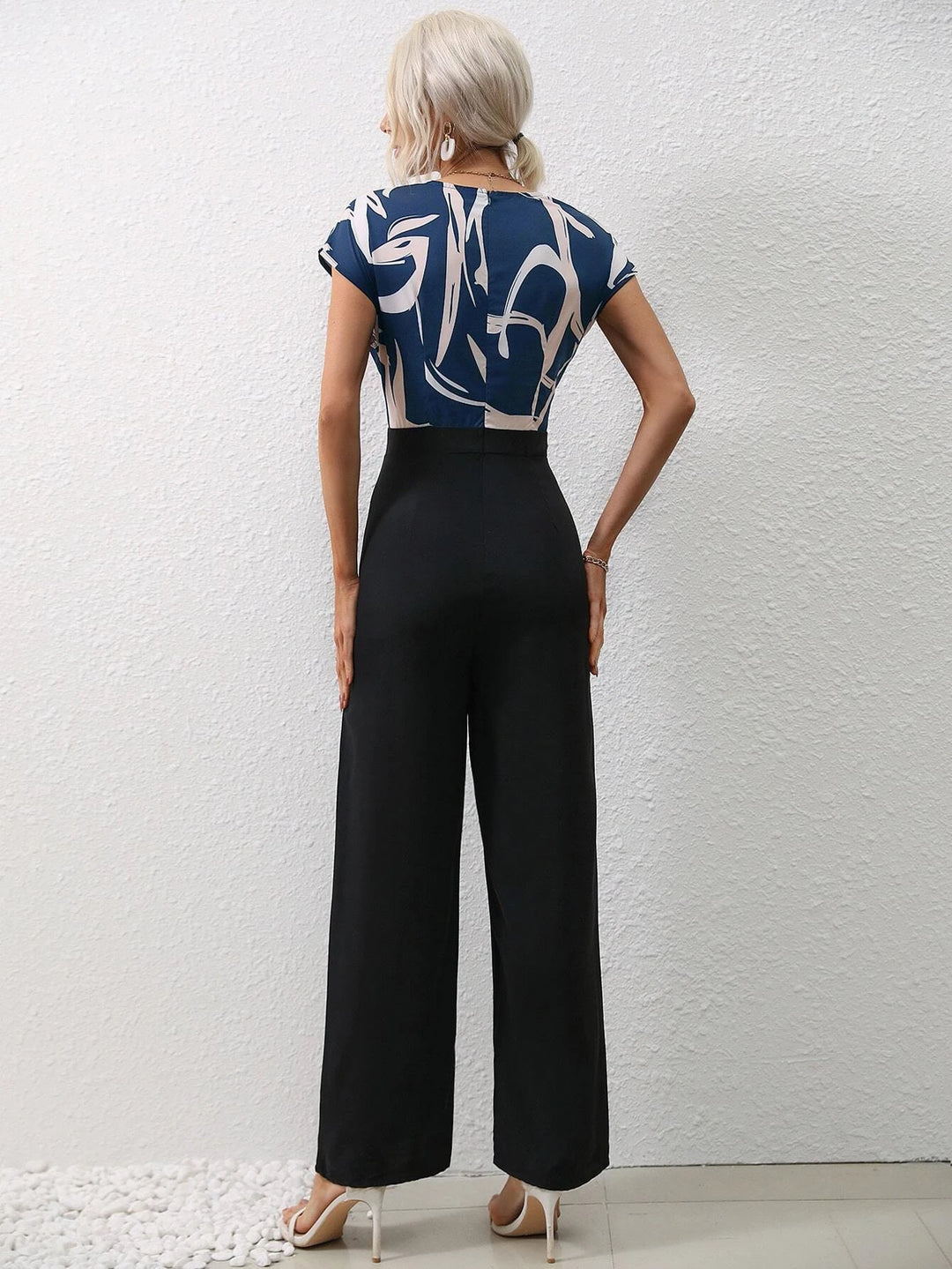 Graphic Print Overlap Collar Jumpsuit