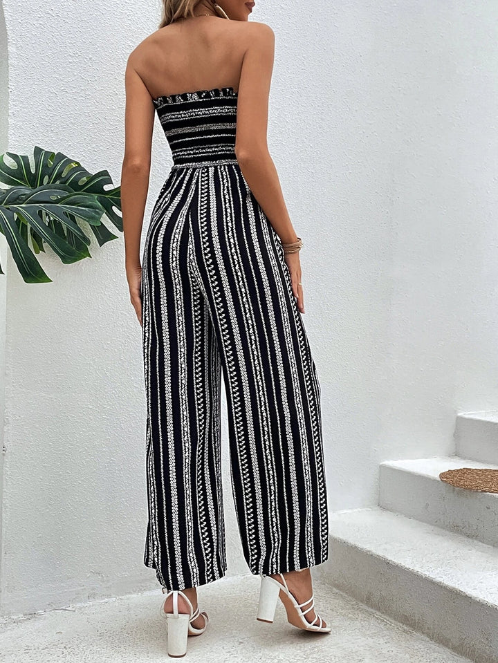 Striped Pattern Shirred Tube Jumpsuit