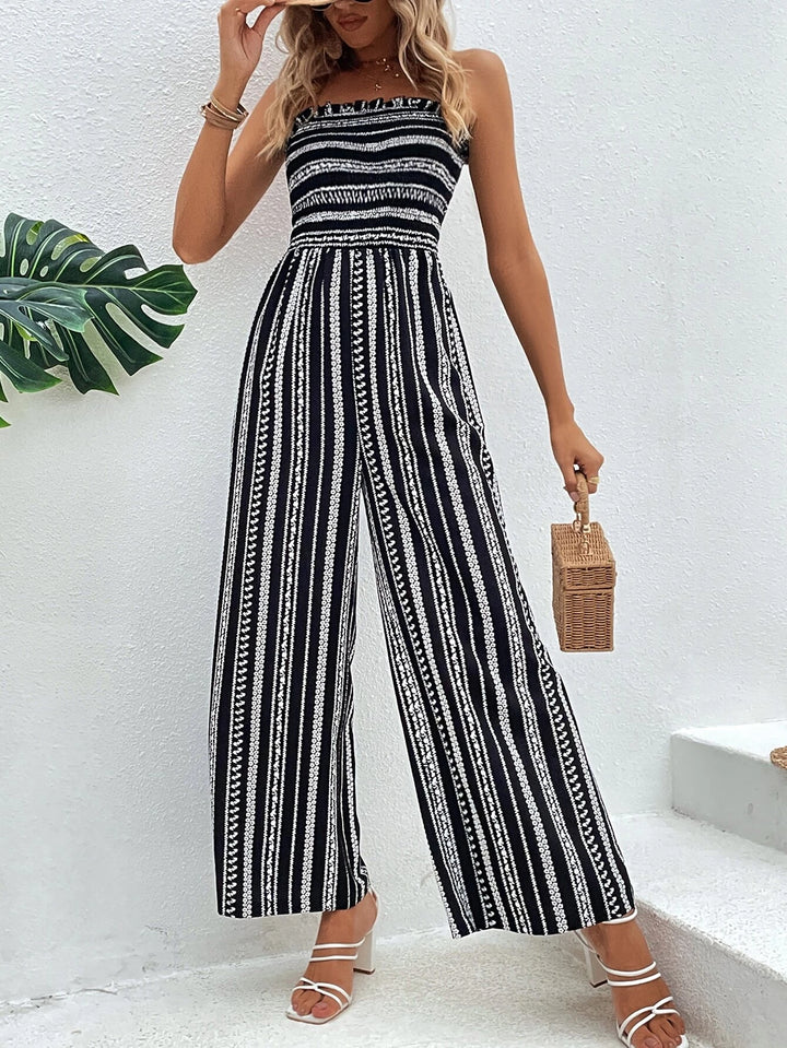 Striped Pattern Shirred Tube Jumpsuit