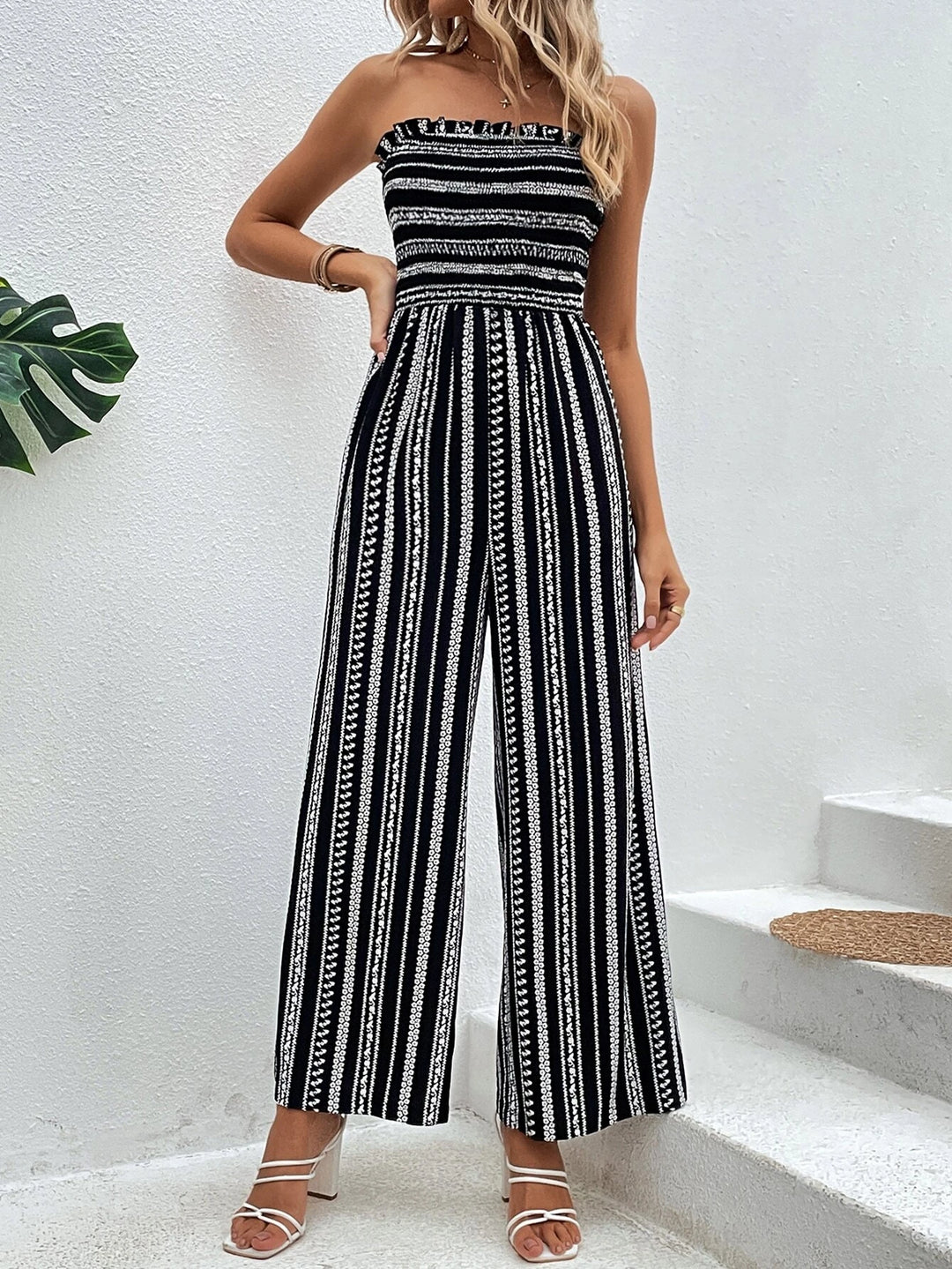 Striped Pattern Shirred Tube Jumpsuit