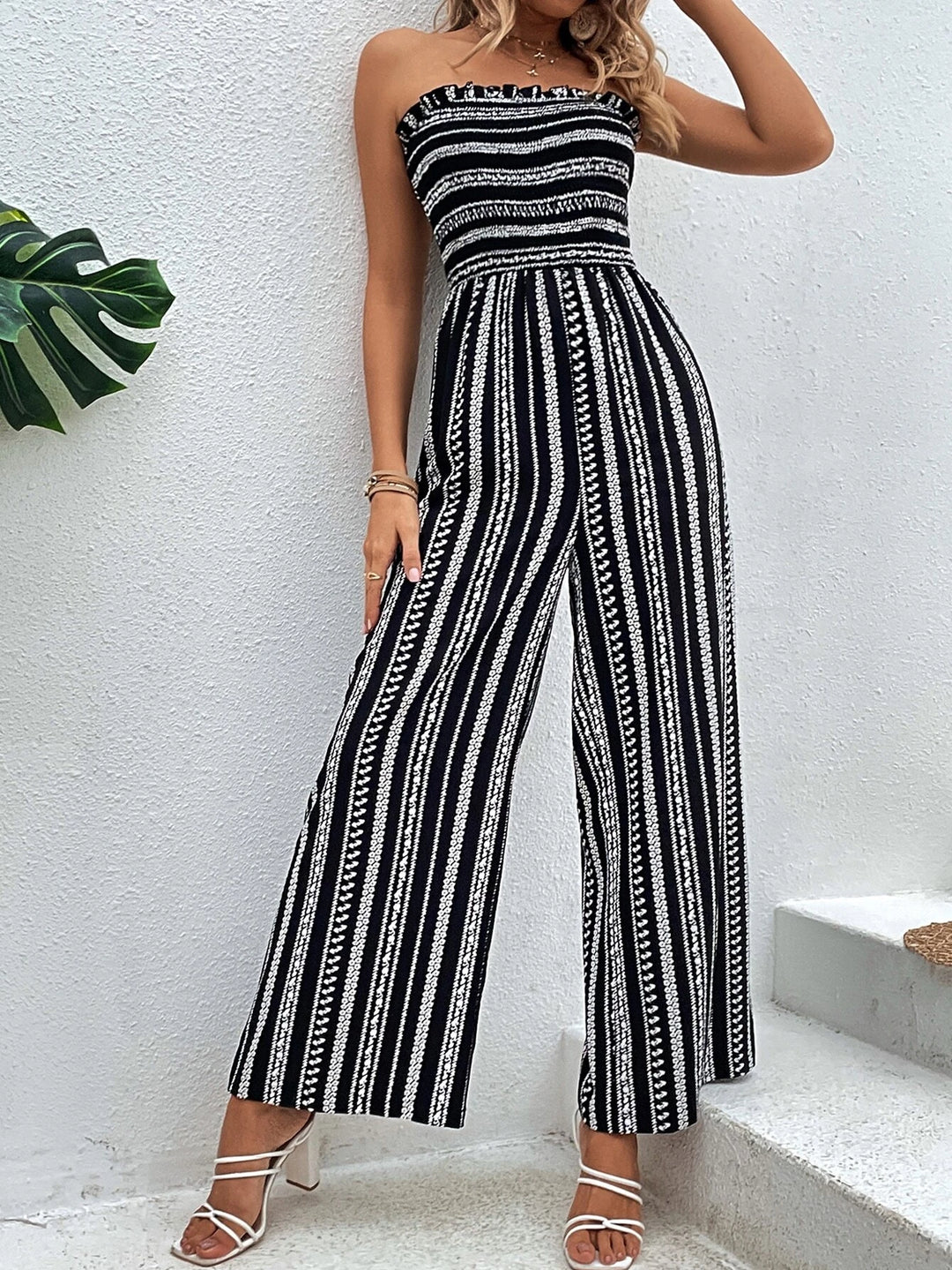 Striped Pattern Shirred Tube Jumpsuit