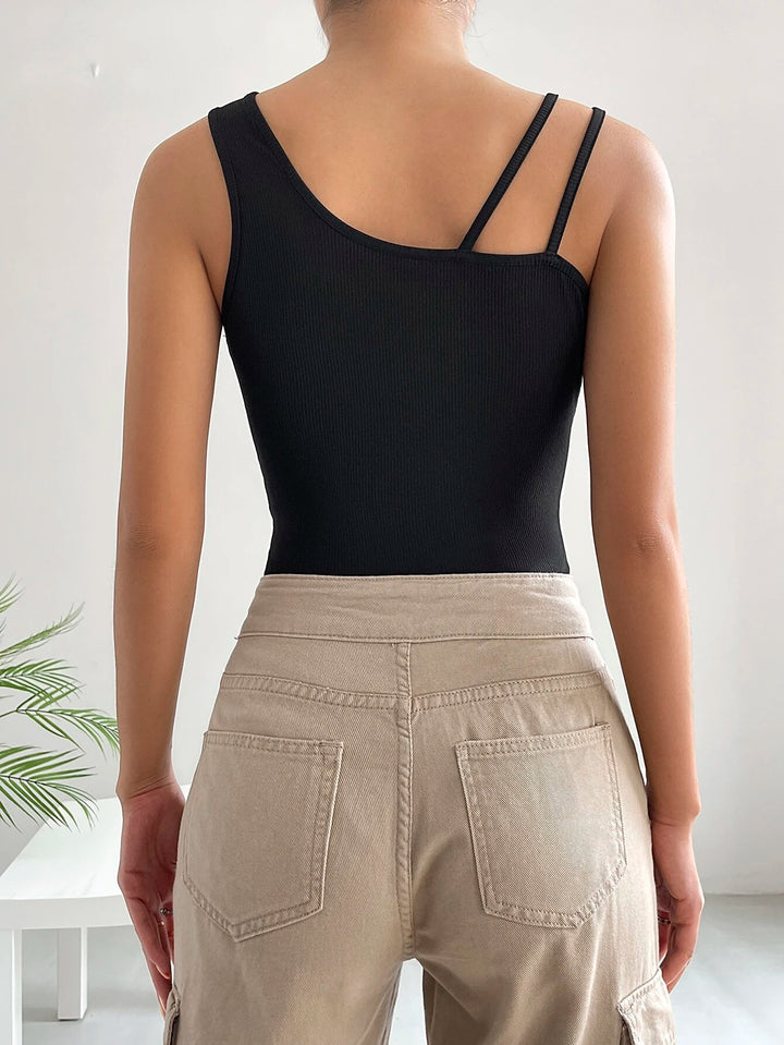 Solid Asymmetrical Neck Bodysuit