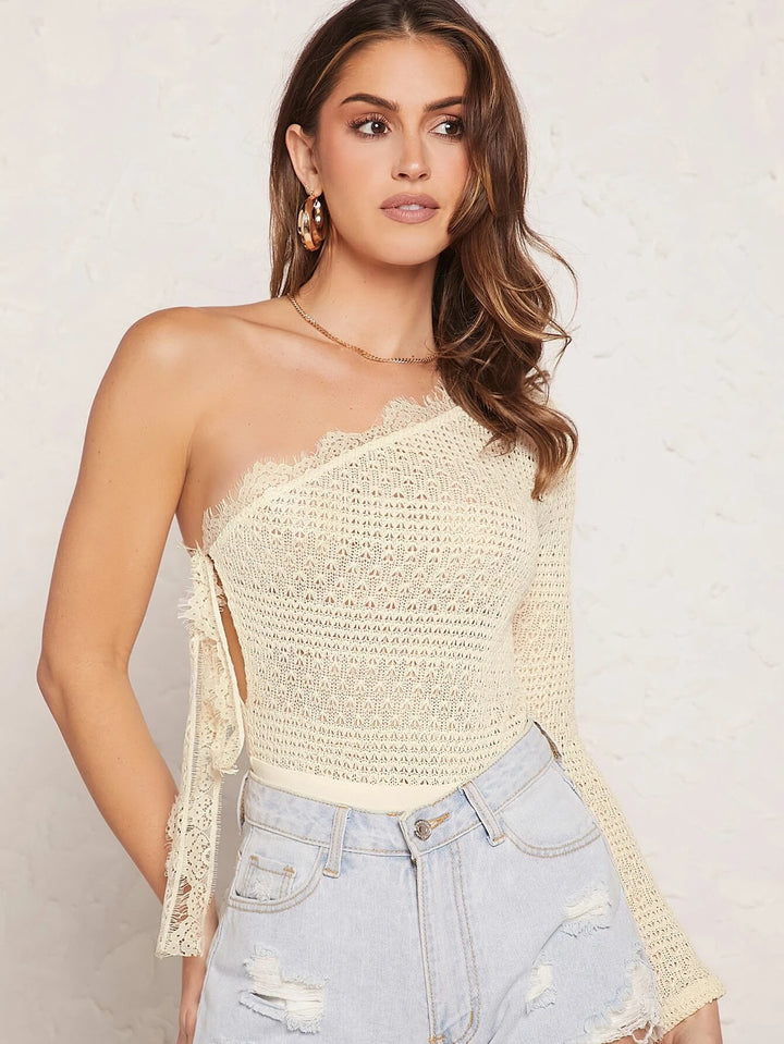 One Shoulder Knot Side Lace Trim Bodysuit