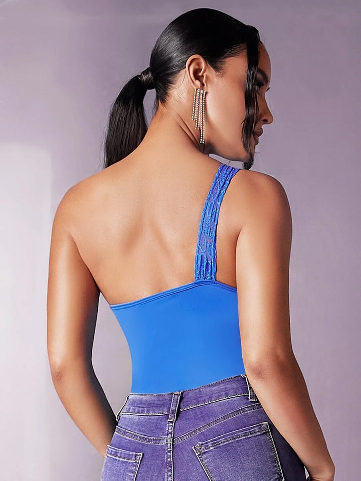 One Shoulder Contrast Lace Bodysuit