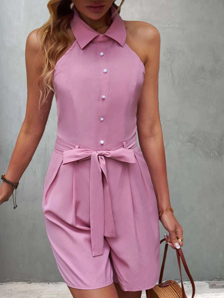 Button Front Belted Halter Romper