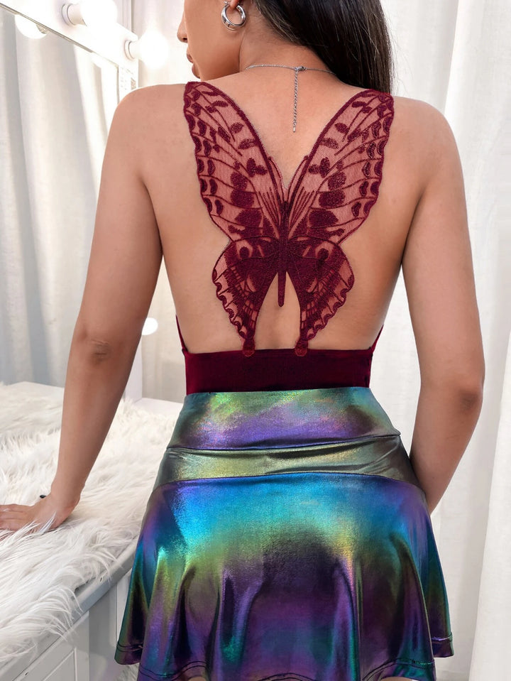 Butterfly Embroidery Draped Cami Bodysuit