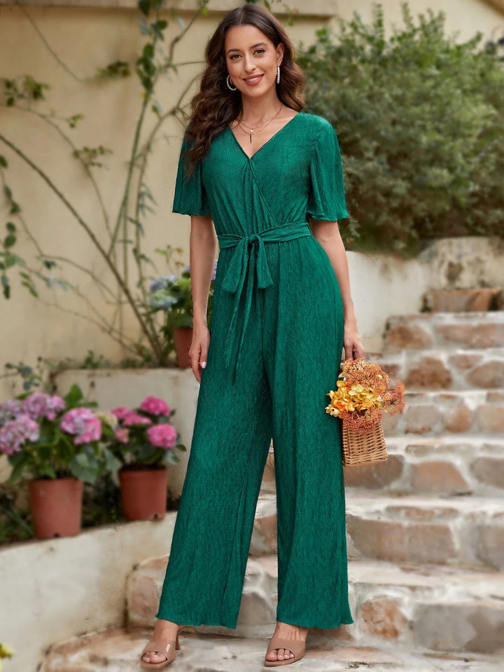 Neck Belted Wide Leg Jumpsuit