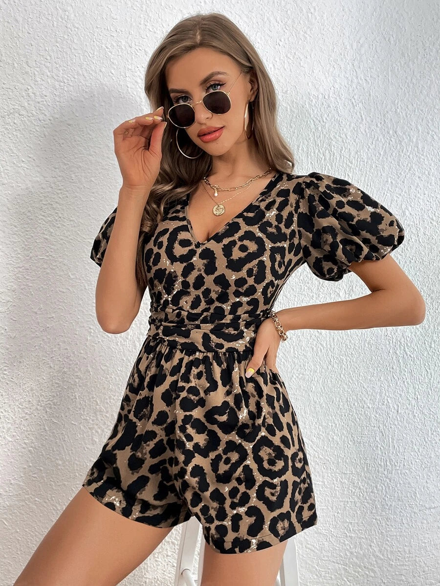 Leopard Print Puff Sleeve Romper Suit