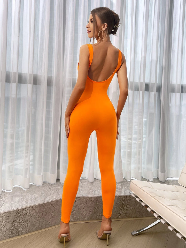 Solid Colored Backless Unitard Jumpsuit