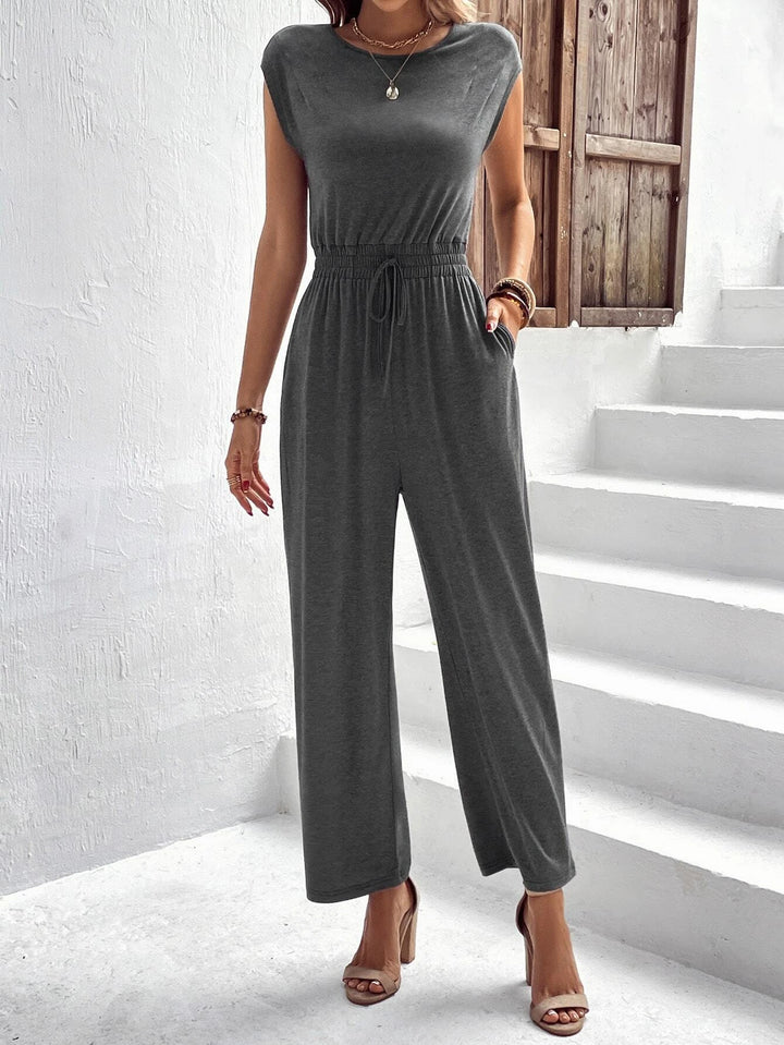 Solid Knot Waist Slant Pocket Jumpsuit