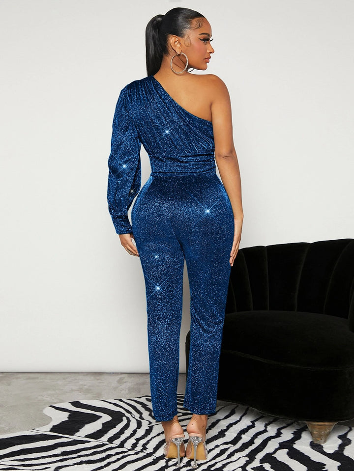 One Shoulder Ruched Glitter Jumpsuit