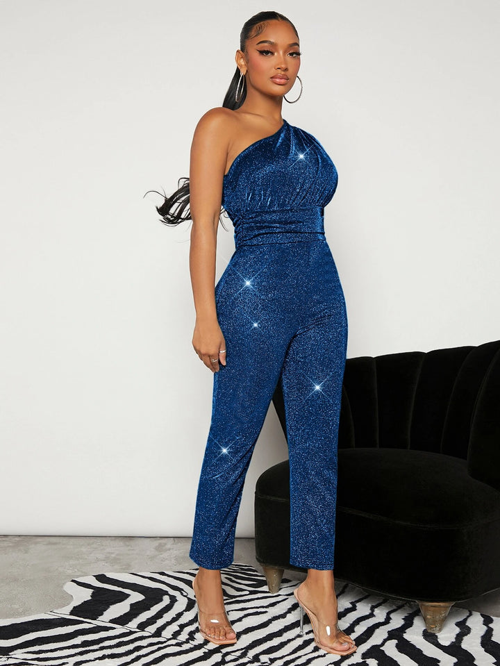 One Shoulder Ruched Glitter Jumpsuit