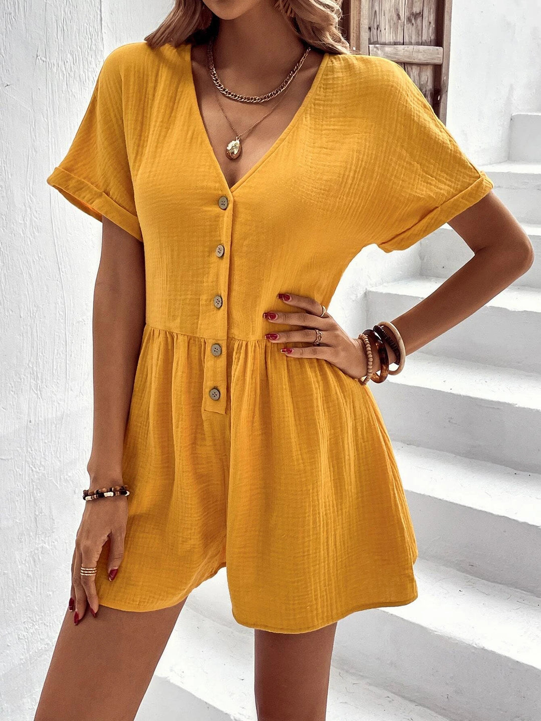 Sleeve Button Front Romper