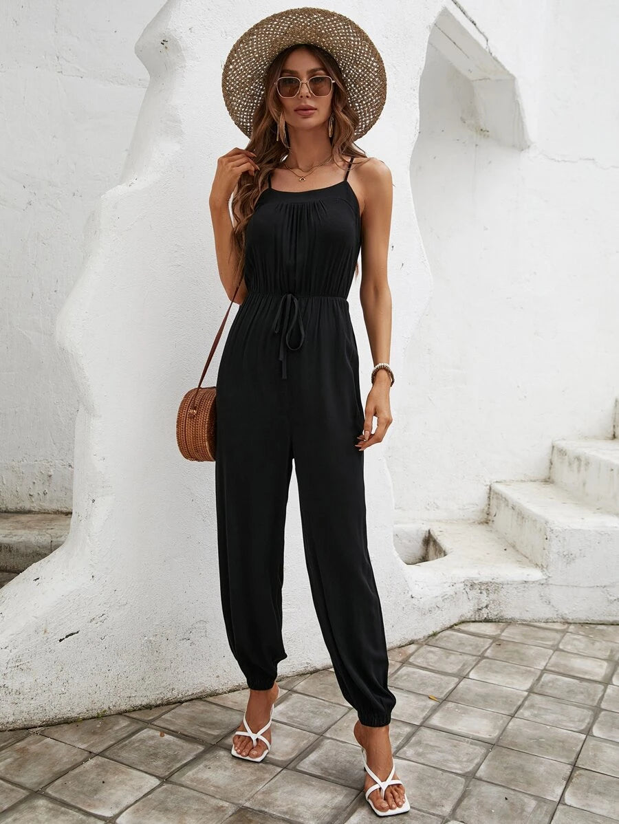 Solid Colored Knot Waist Cami Jumpsuit