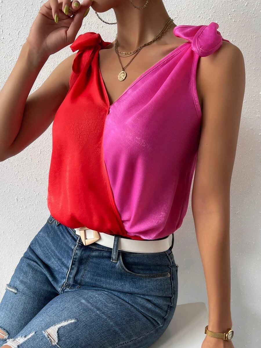 Two Tone Tie Shoulder Tank Bodysuit