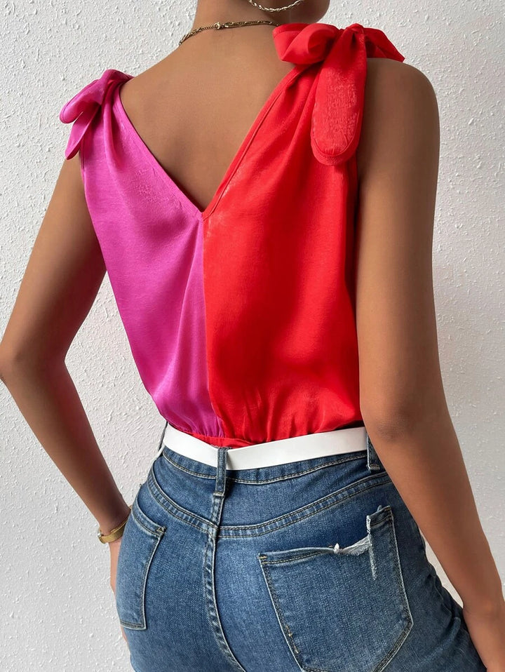 Two Tone Tie Shoulder Tank Bodysuit