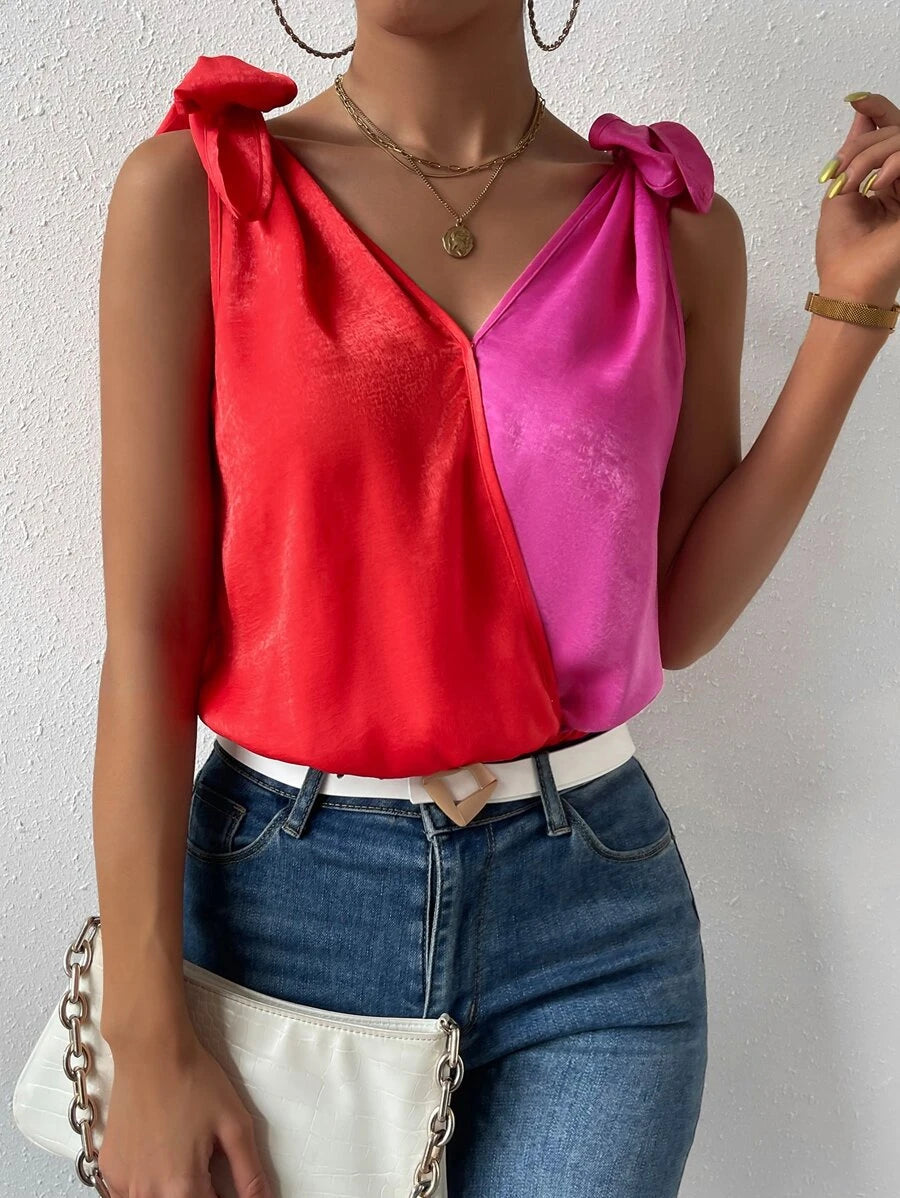 Two Tone Tie Shoulder Tank Bodysuit