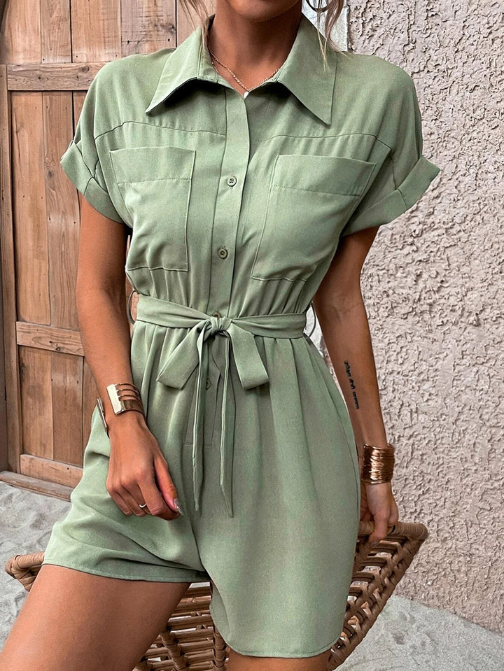 Dual Pocket Batwing Sleeve Belted Romper