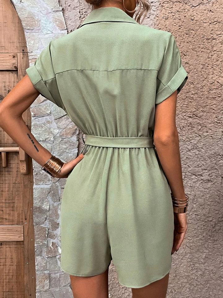 Dual Pocket Batwing Sleeve Belted Romper