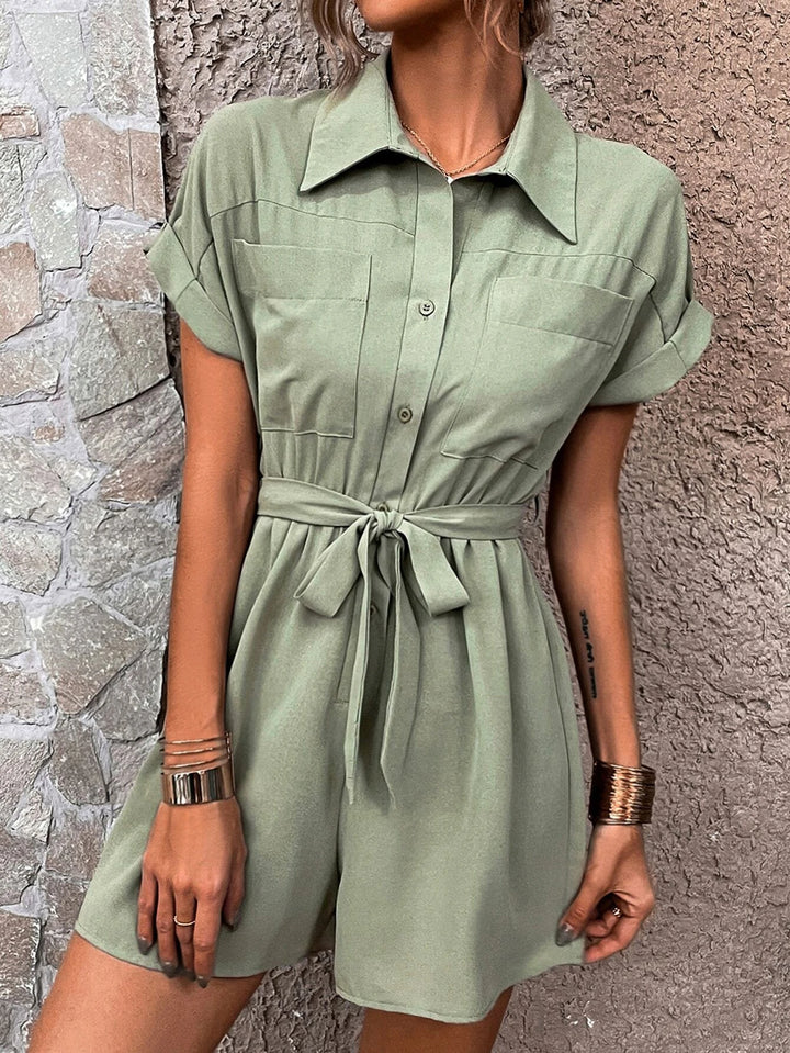 Dual Pocket Batwing Sleeve Belted Romper