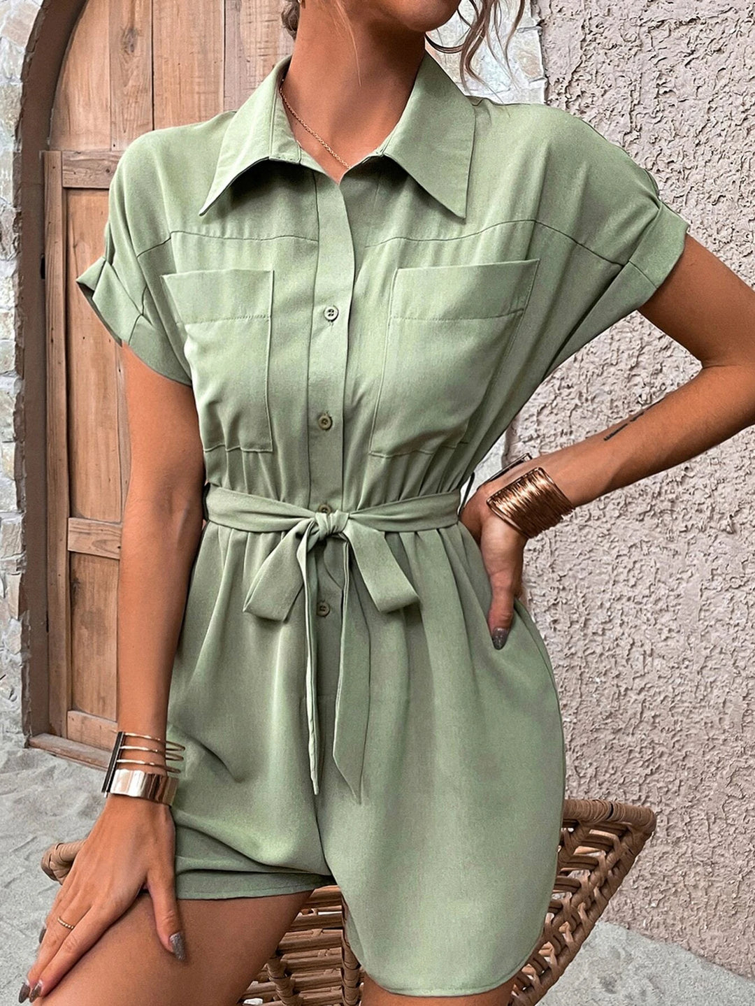 Dual Pocket Batwing Sleeve Belted Romper