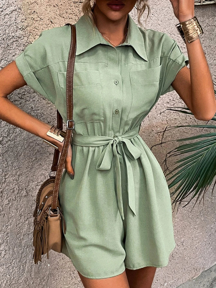 Dual Pocket Batwing Sleeve Belted Romper