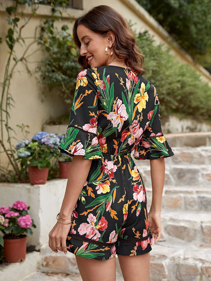 Floral Print Flounce Sleeve Romper