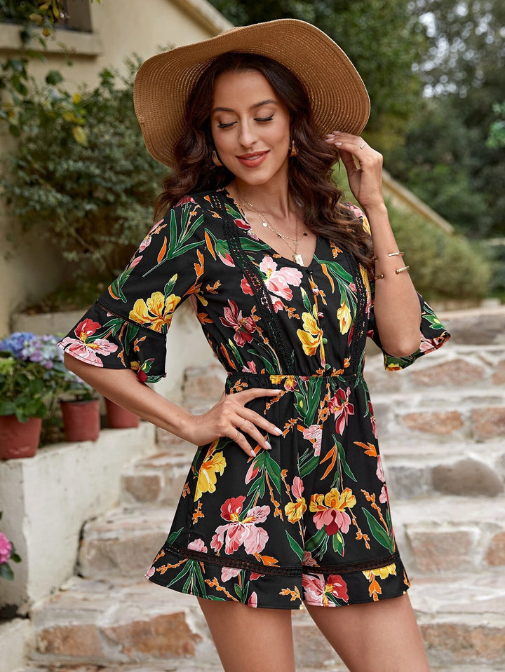 Floral Print Flounce Sleeve Romper