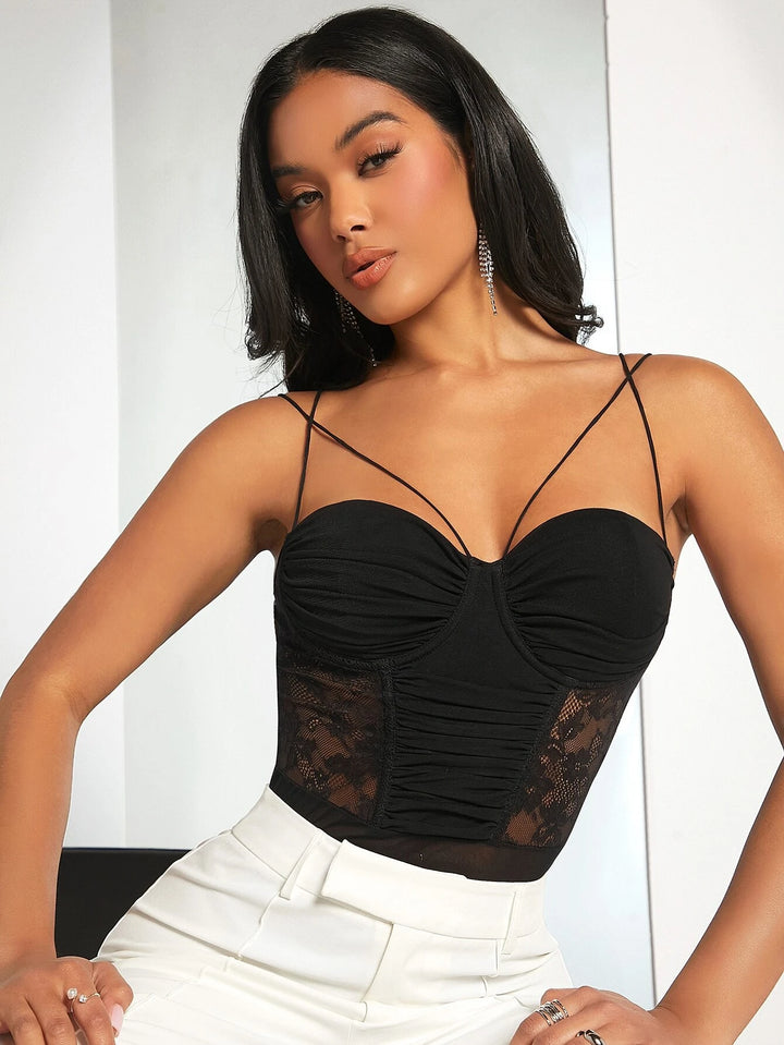 Contrast Lace Ruched Cami Bodysuit