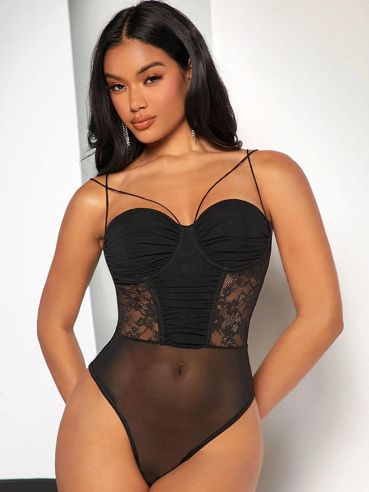 Contrast Lace Ruched Cami Bodysuit