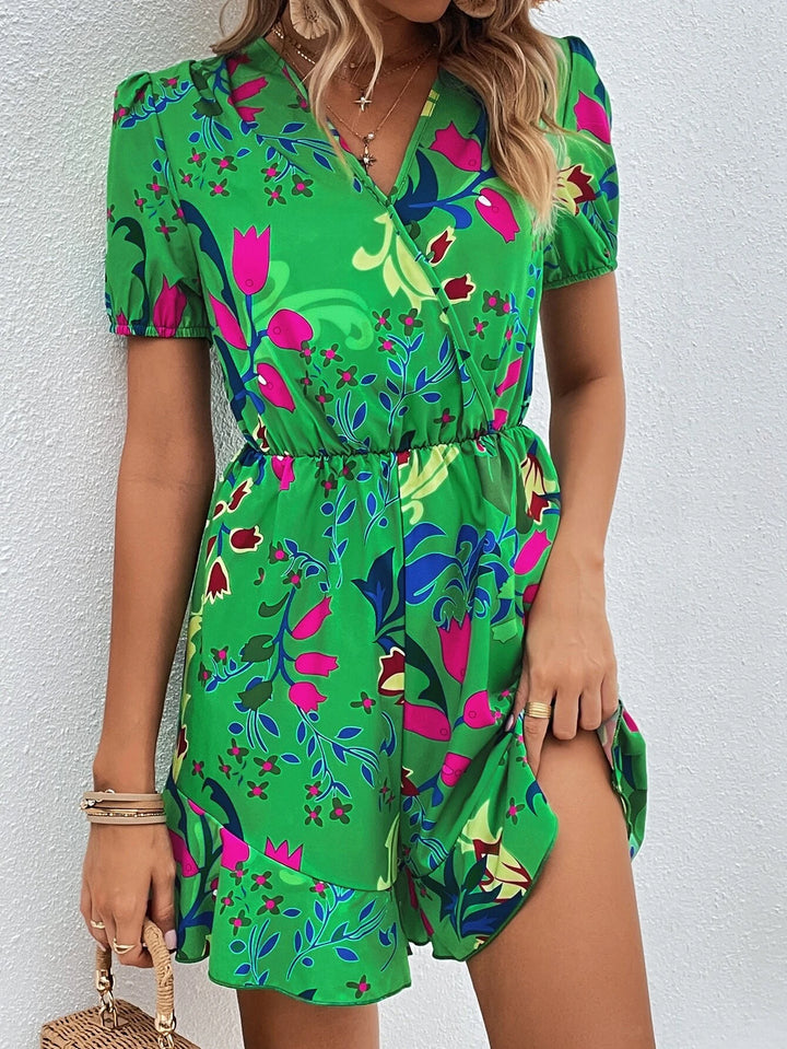 Floral Print Puff Sleeve Hem Romper