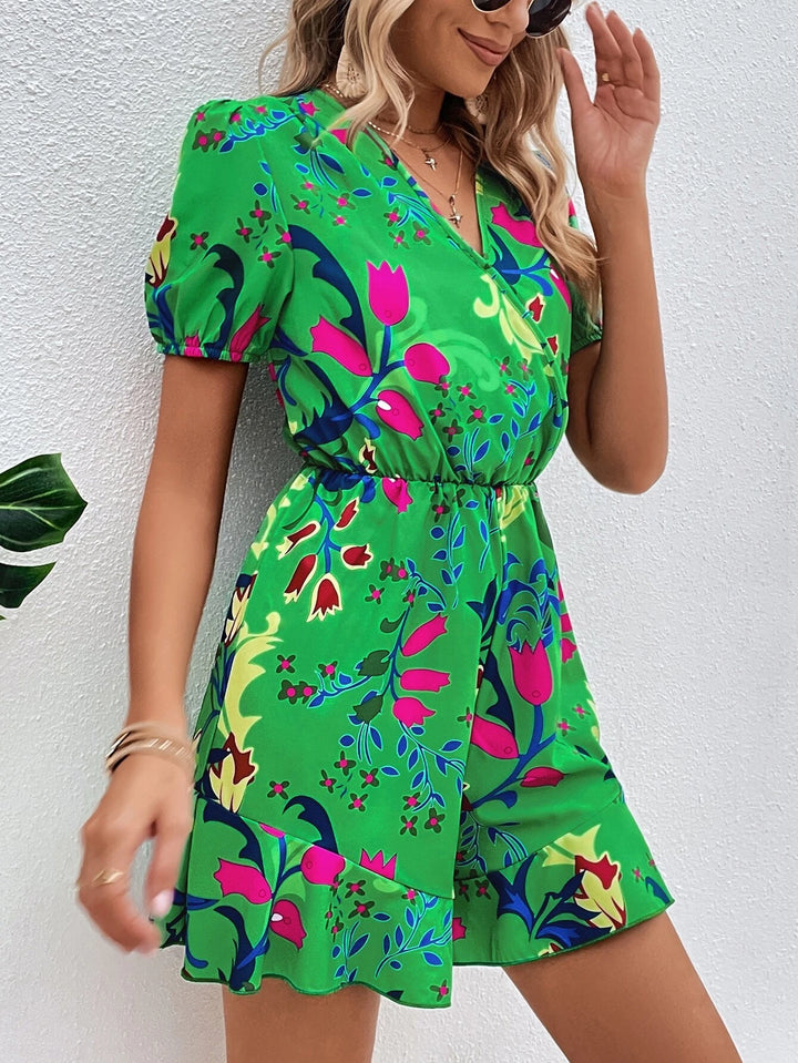 Floral Print Puff Sleeve Hem Romper