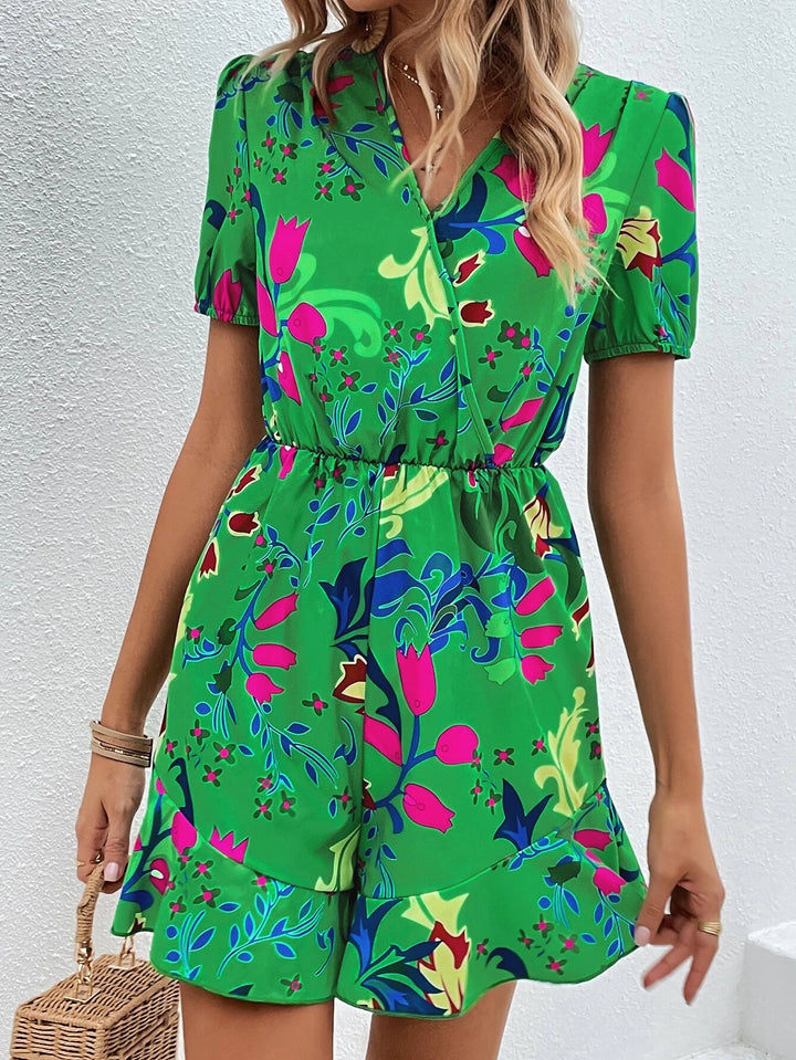 Floral Print Puff Sleeve Hem Romper