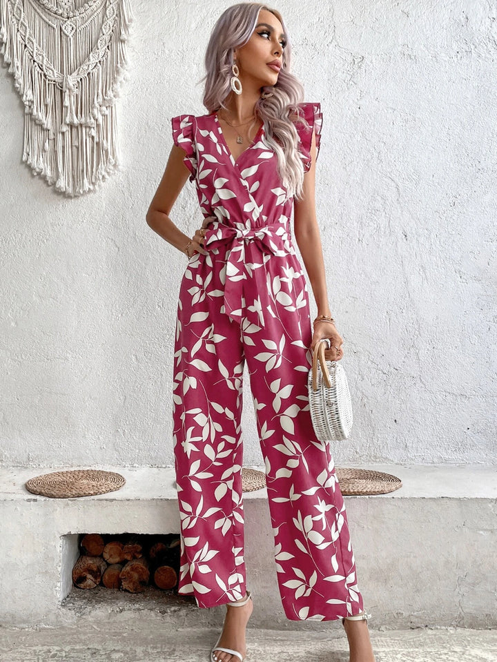 Allover Print Ruffle Trim Belted Jumpsuit