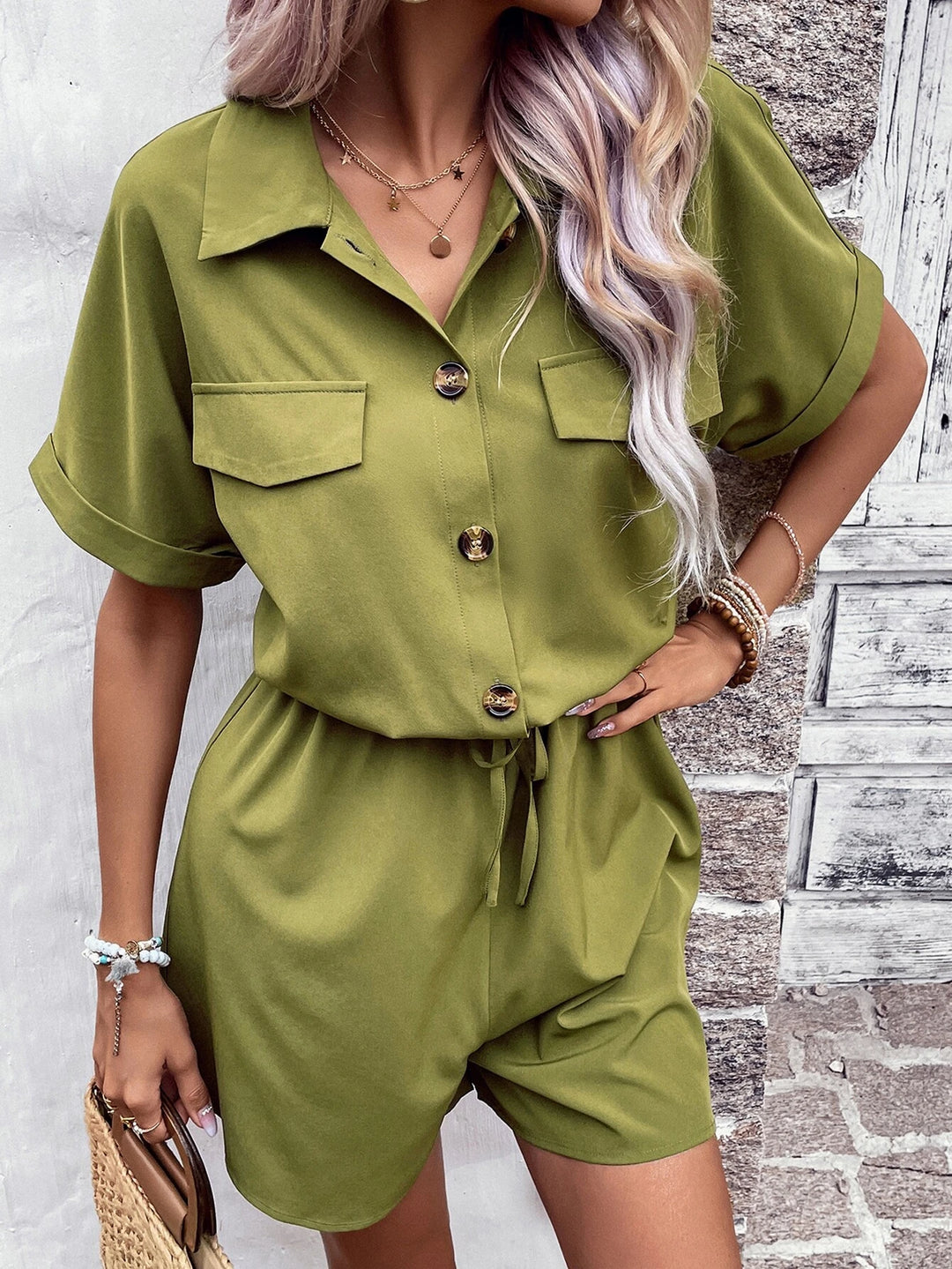 Short Sleeve Knot Front Shirt Romper