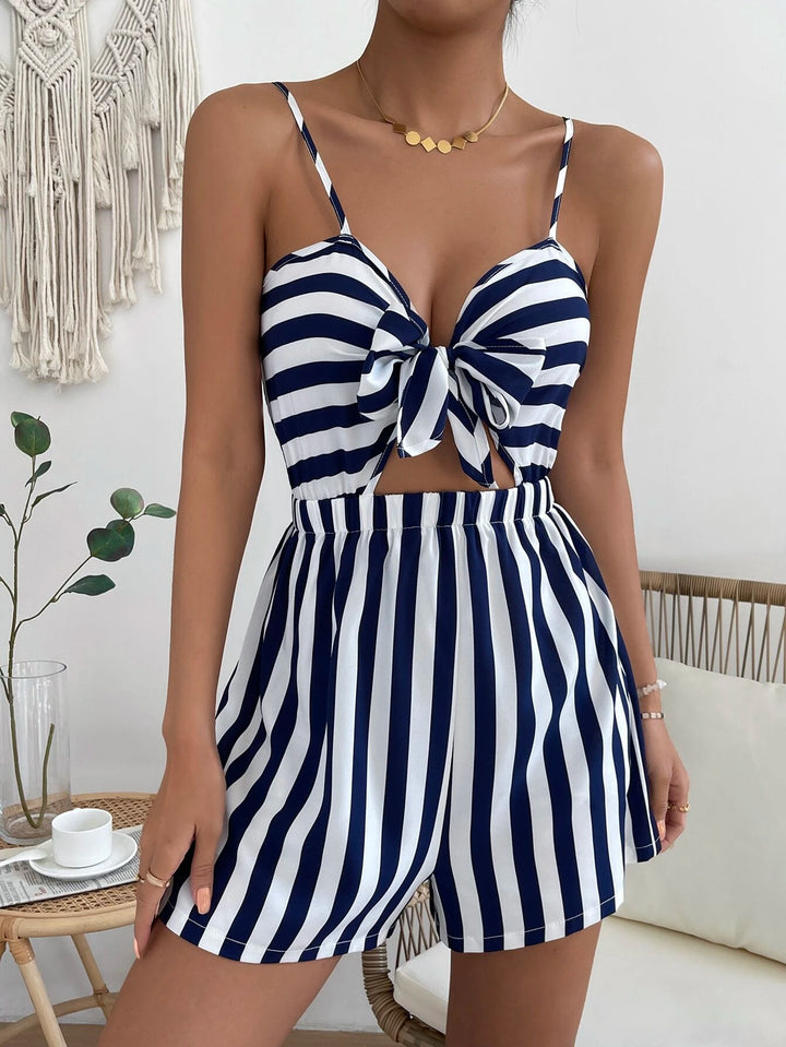 Striped Print Shirred Knot Front Cami Romper