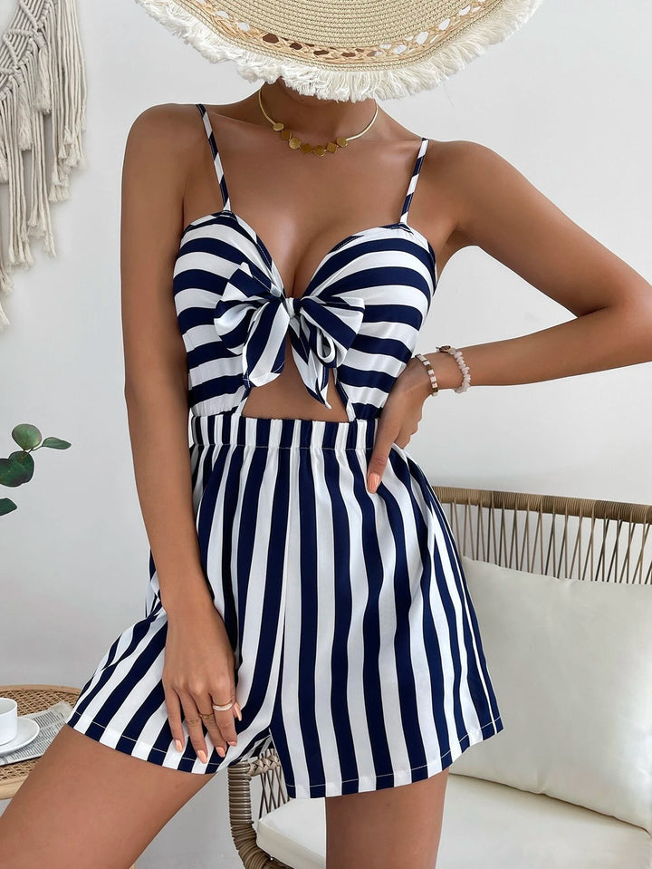Striped Print Shirred Knot Front Cami Romper
